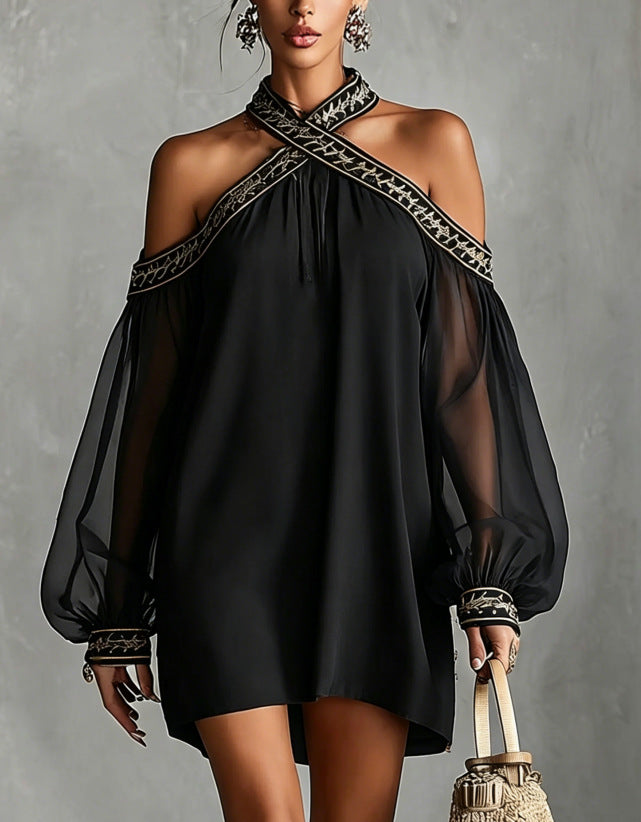 Robe tunique ample à manches longues transparente, avec broderies