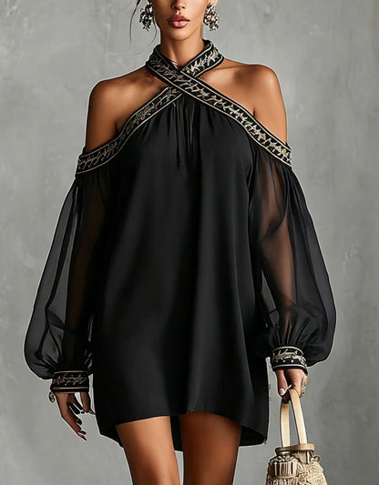 Robe tunique ample à manches longues transparente, avec broderies