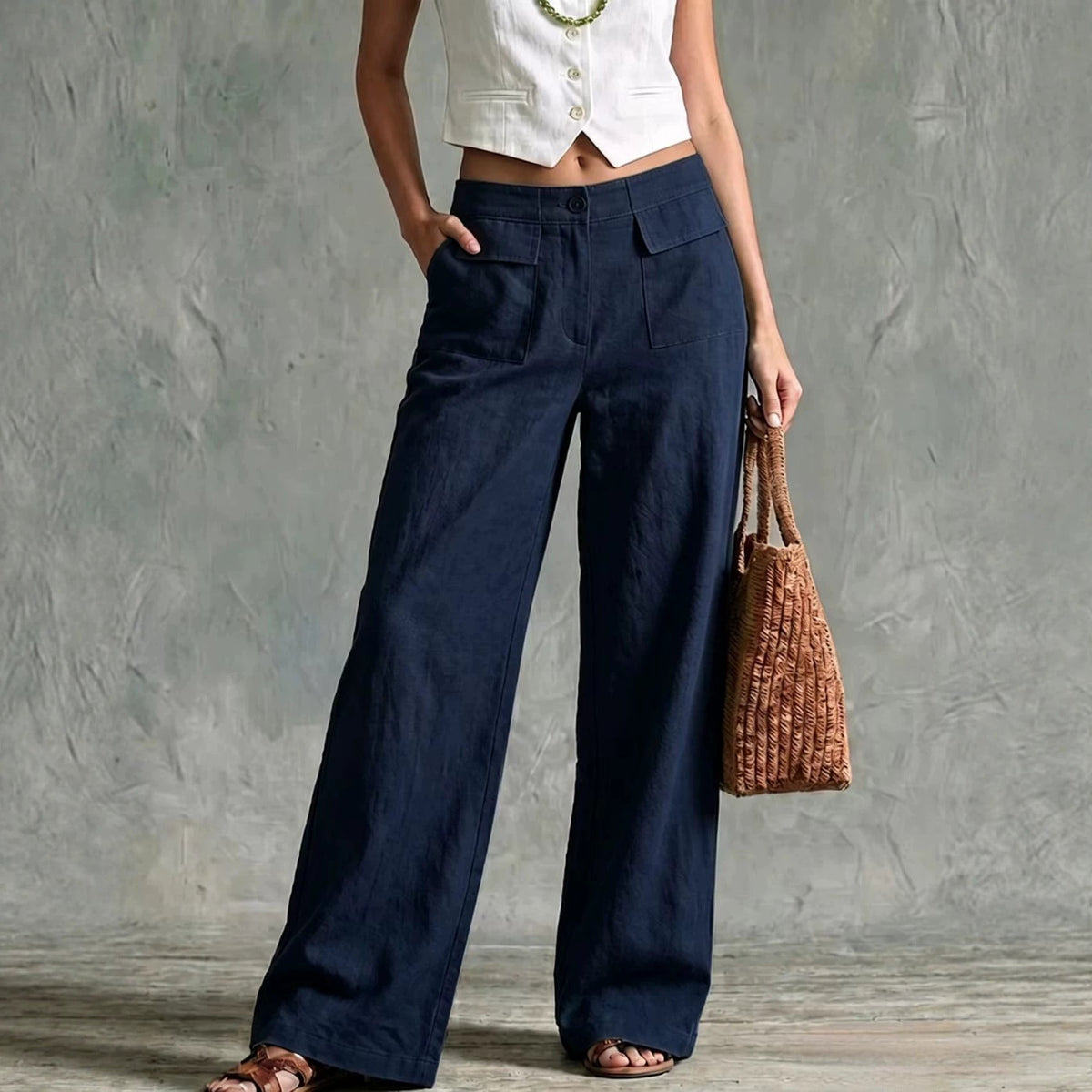 Pantalon large taille haute en lin sauge à poches plaquées