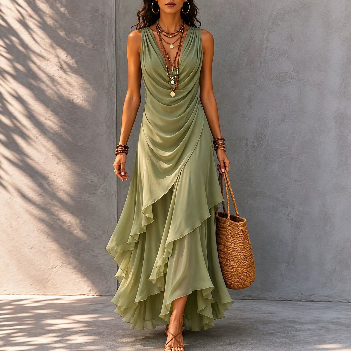 Robe longue asymétrique à volants, sans manches, avec col en V drapé