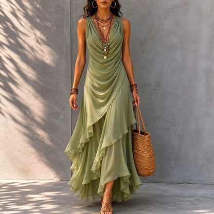 Robe longue asymétrique à volants, sans manches, avec col en V drapé