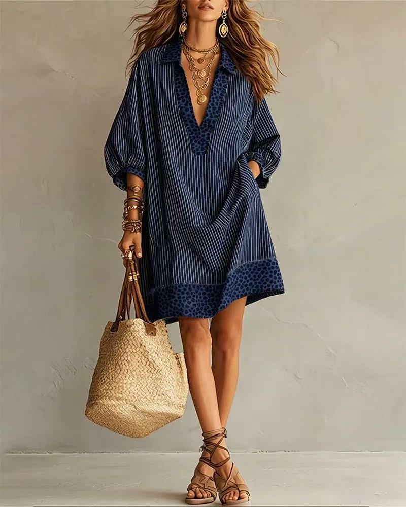 Mini-robe chemise ample à rayures léopard