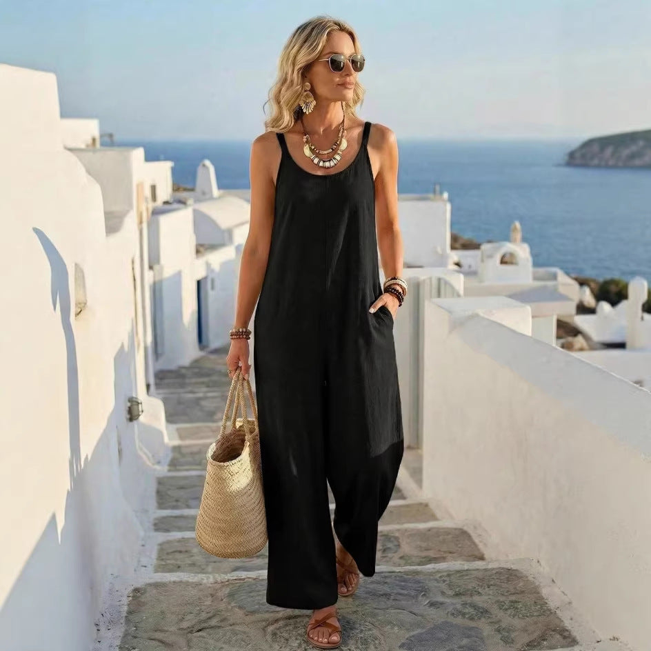 🌟 Combinaison pantalon large sans manches en mélange de lin de qualité supérieure