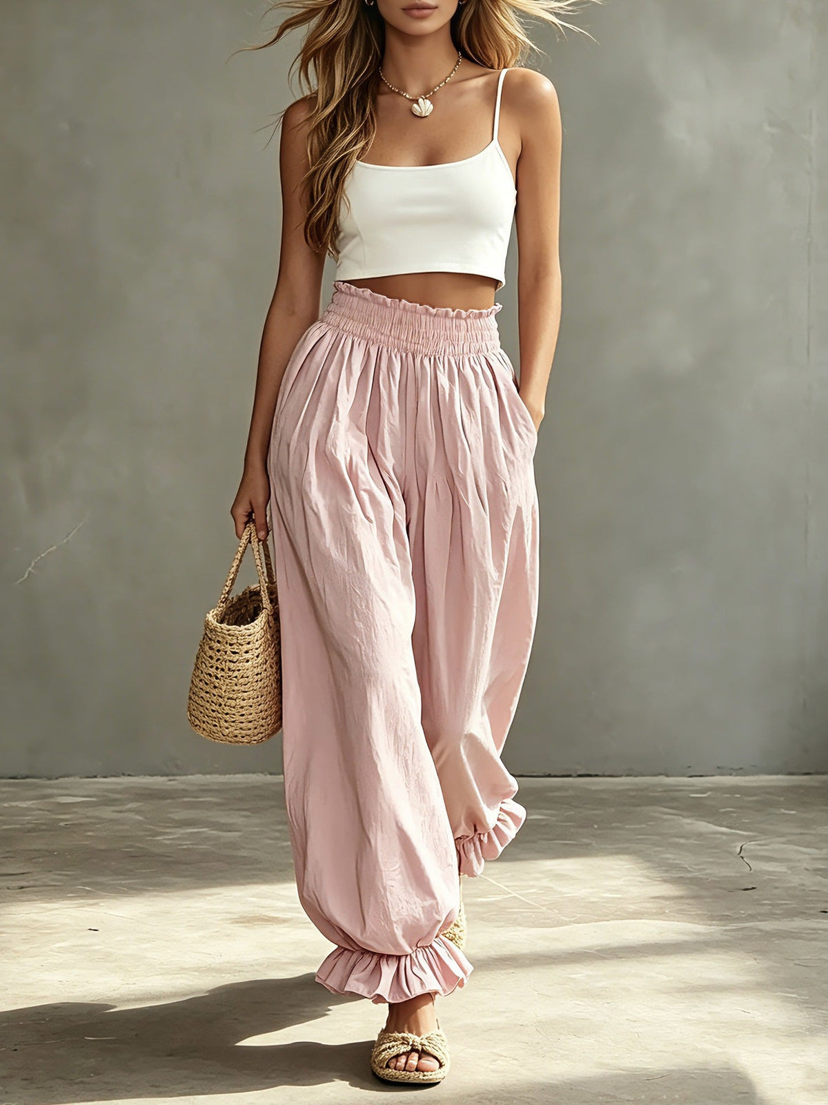Casual Light Blue Ruffled Lantern Pants Elastic Waist Pants
