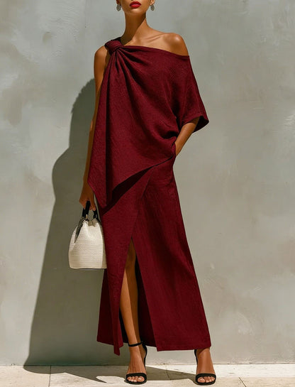 Ensemble deux pièces asymétrique en lin blanc noué