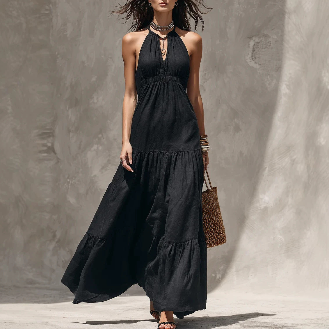 Halter Keyhole Neck Crinkled Tiered Maxi Dress