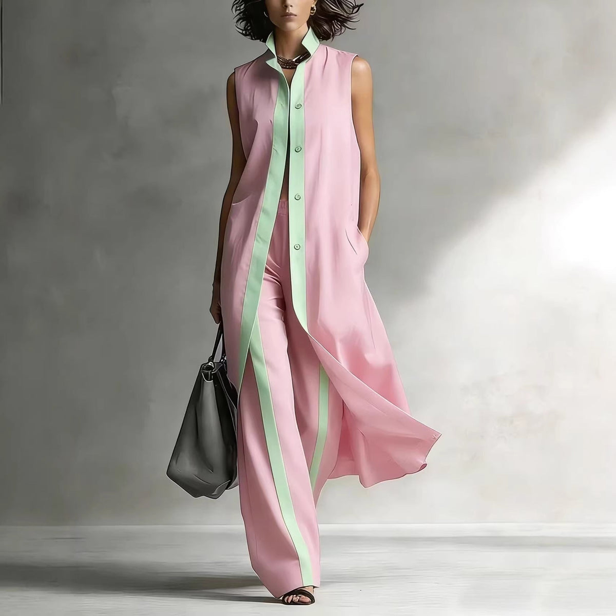 Ensemble Tunique sans Manches Contraste et Pantalon Large Jambe Sophistication Moderne, Style Ajusté Sans Effort