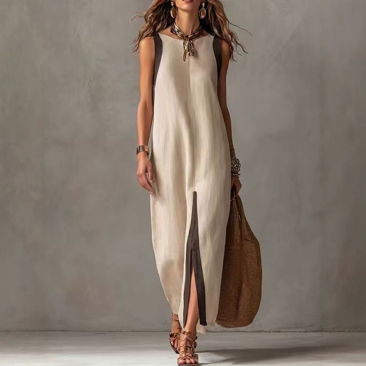 Robe midi droite sans manches bicolore à blocs de couleur