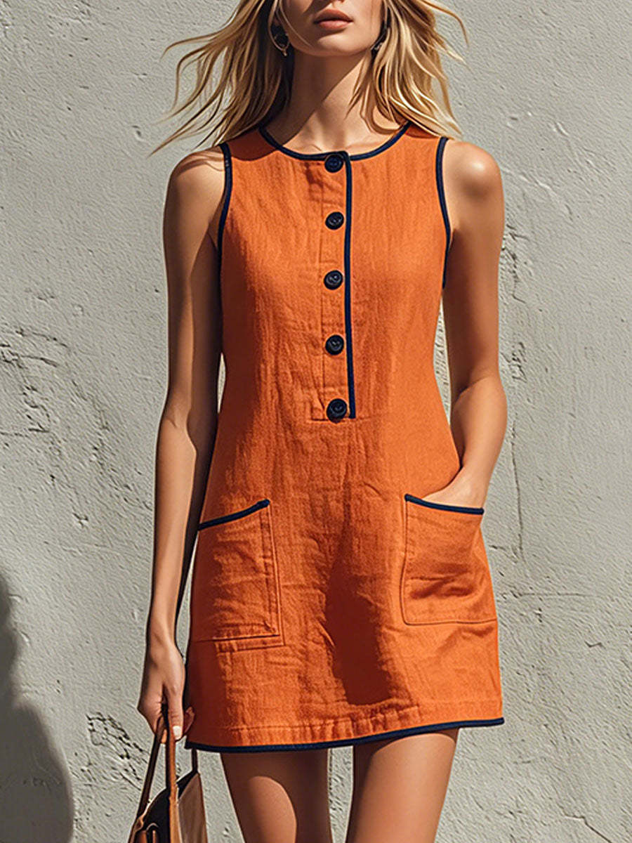 Mini-robe décontractée sans manches boutonnée avec poches
