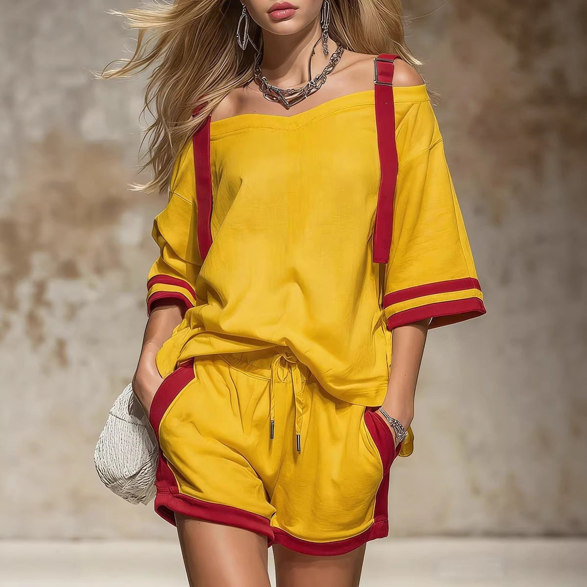 Ensemble T-shirt court à épaules dénudées et short color-block rétro