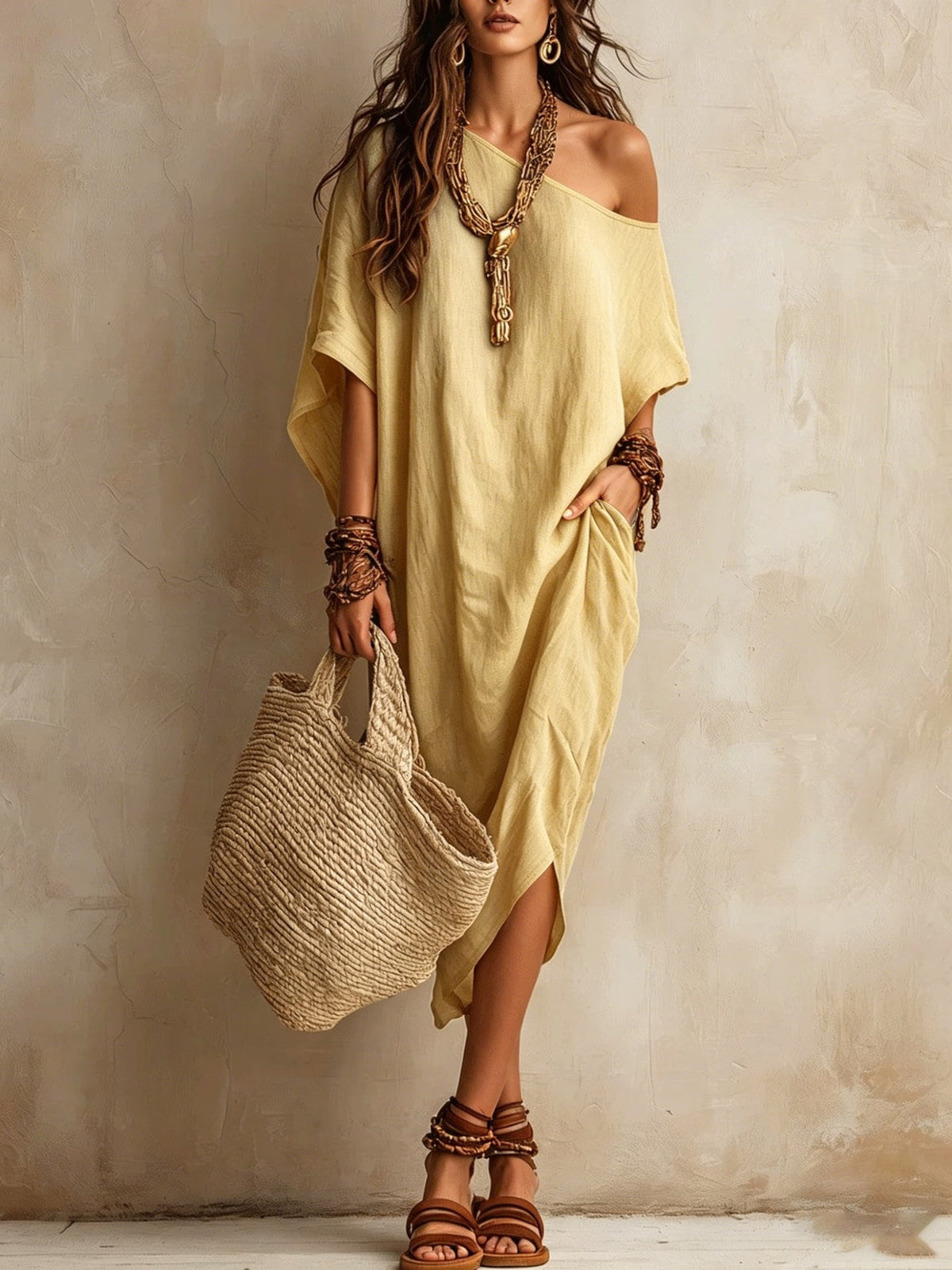 Robe femme coton et lin asymétrique ample manches chauve-souris mi-longue fendue pour les vacances