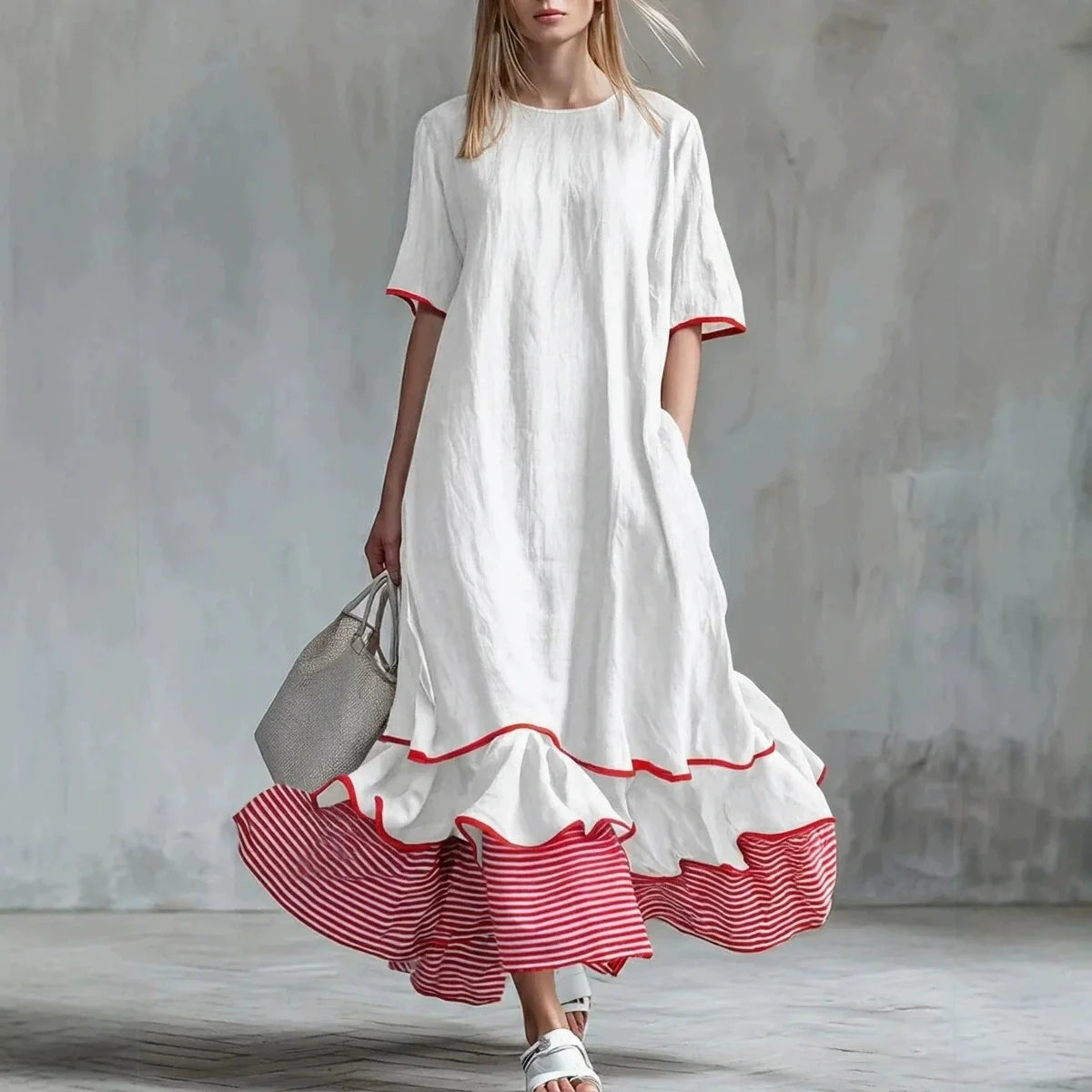 Robe longue ample en lin à rayures passepoilées et ourlet à volants