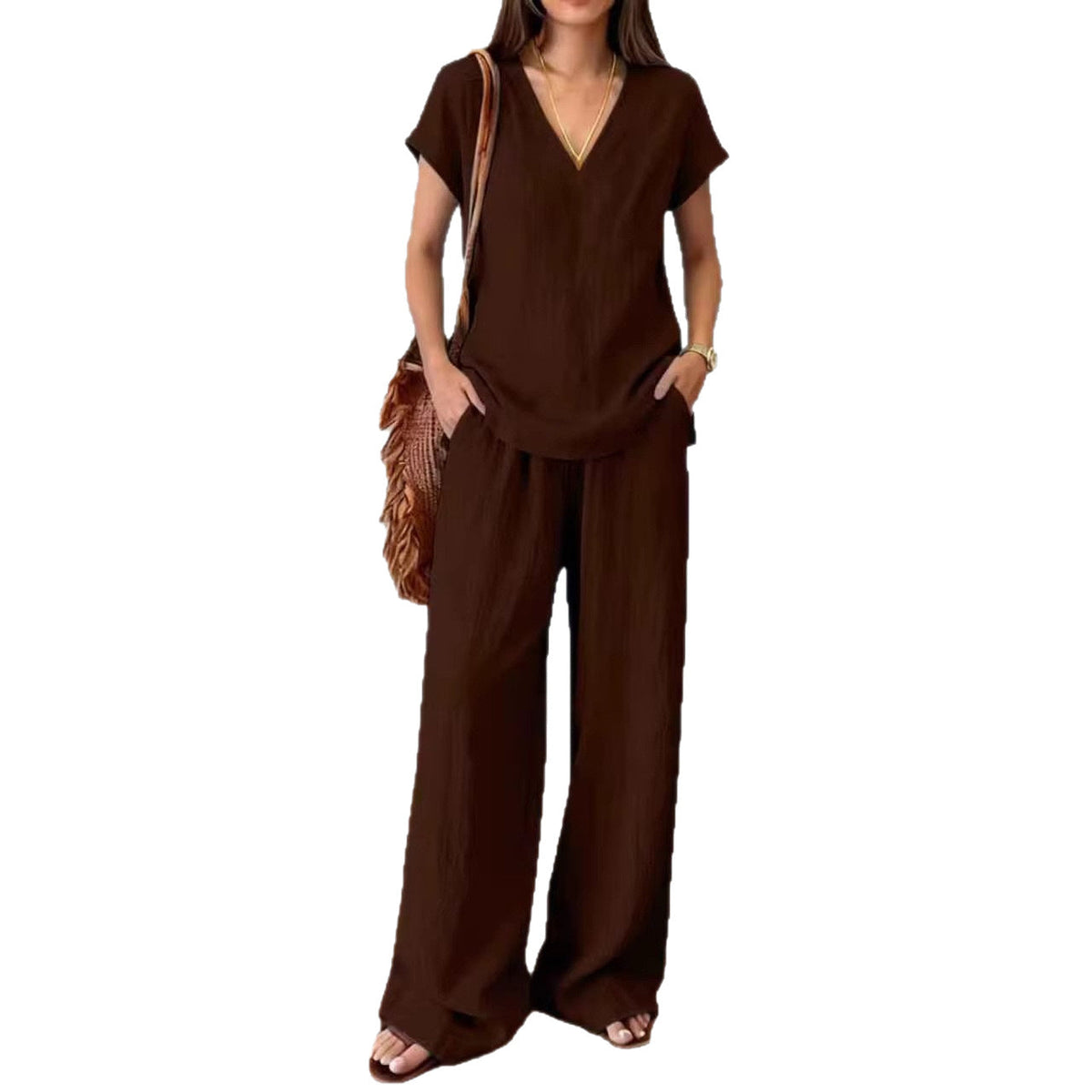 Ensemble 2 pièces en lin : haut col V manches courtes et pantalon large taille élastique