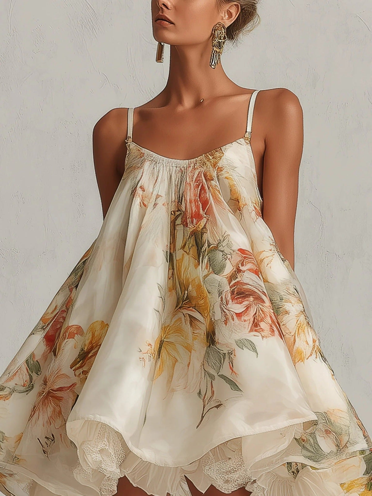 Women’s Vintage Floral Print Spaghetti‑Strap High‑Low Ruffle Mini Dress