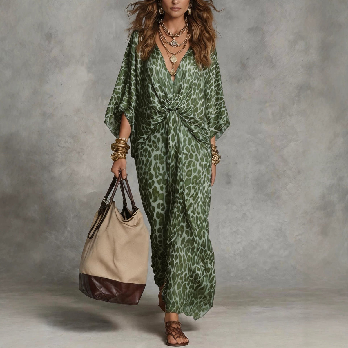 Robe Kaftan Longue Femme Léopard à Nœud sur le Devant - Cache-Maillot Fluide en Mousseline à Col V