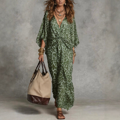 Robe Kaftan Longue Femme Léopard à Nœud sur le Devant - Cache-Maillot Fluide en Mousseline à Col V