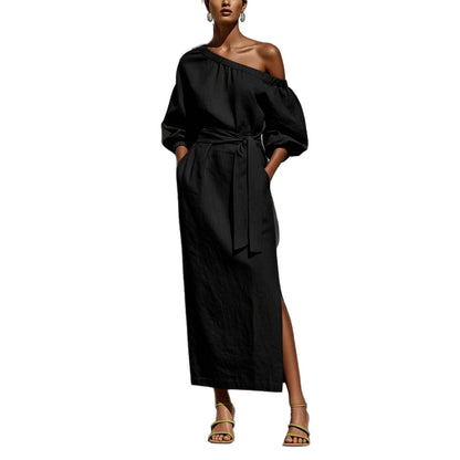 Robe Midi en Lin à Une Épaule Manches Bouffantes Taille Nouée et Fente Latérale