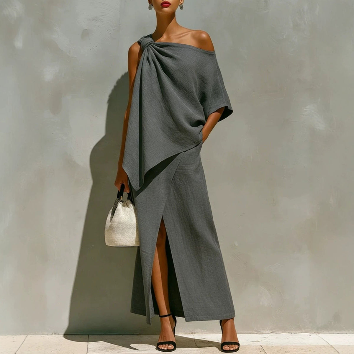 Ensemble deux pièces asymétrique en lin blanc noué