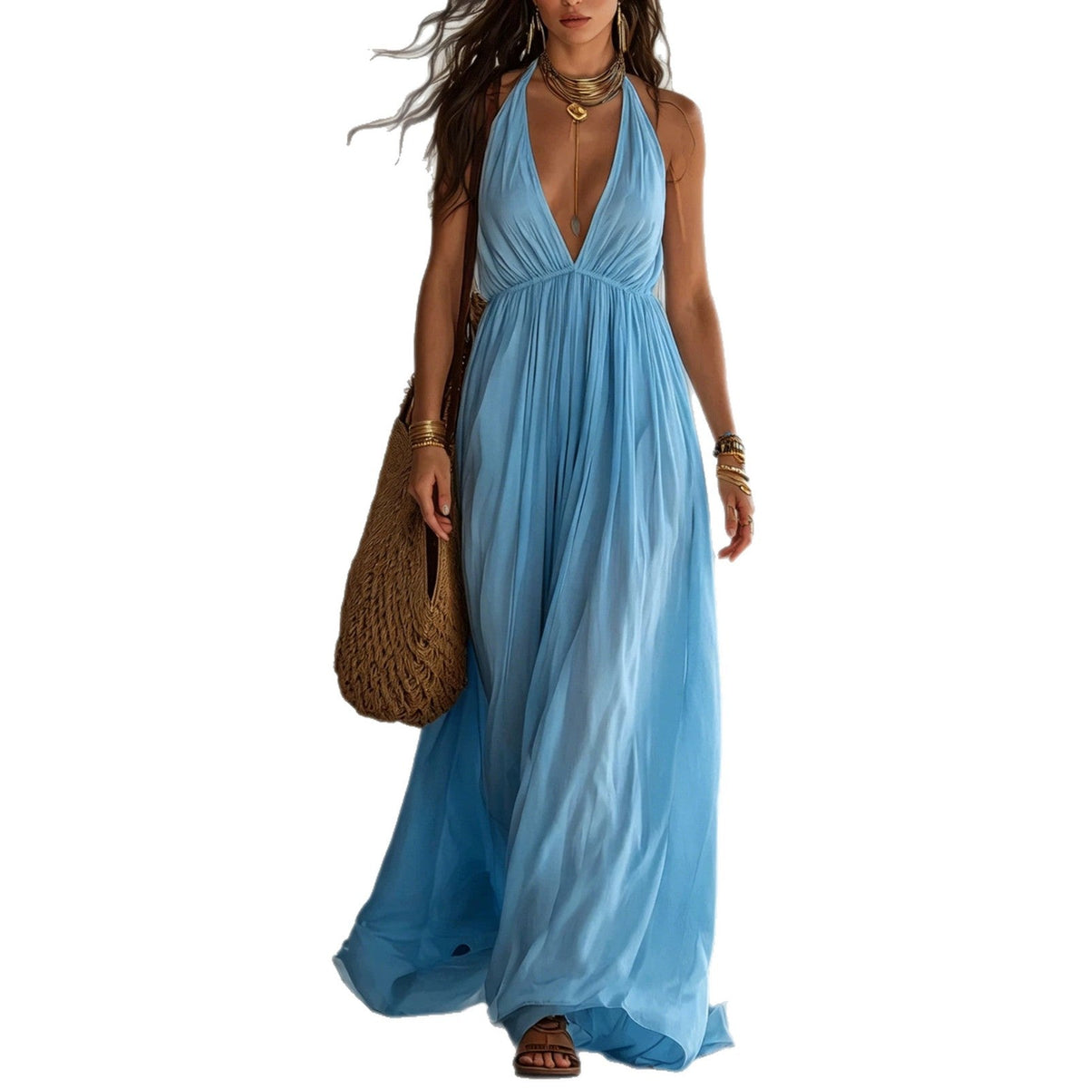 Robe longue en mousseline fluide avec col licou, décolleté en V profond et taille empire froncée