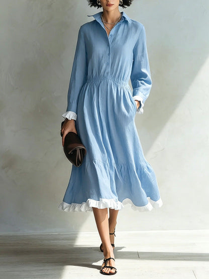 Robe chemise boutonnée avec volant blanc
