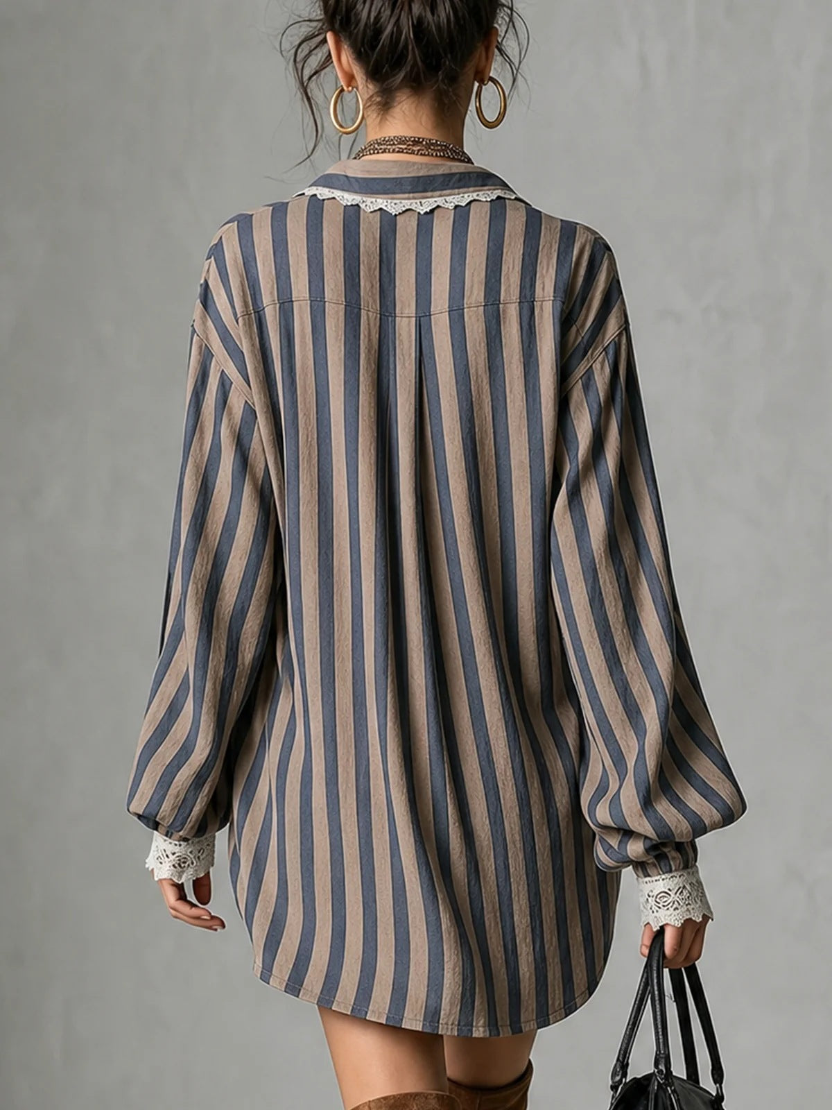 Chemisier tunique ample décontracté à manches longues pour femmes, style bohème, avec patchwork de dentelle et rayures