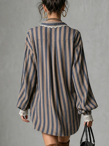 Chemisier tunique ample décontracté à manches longues pour femmes, style bohème, avec patchwork de dentelle et rayures