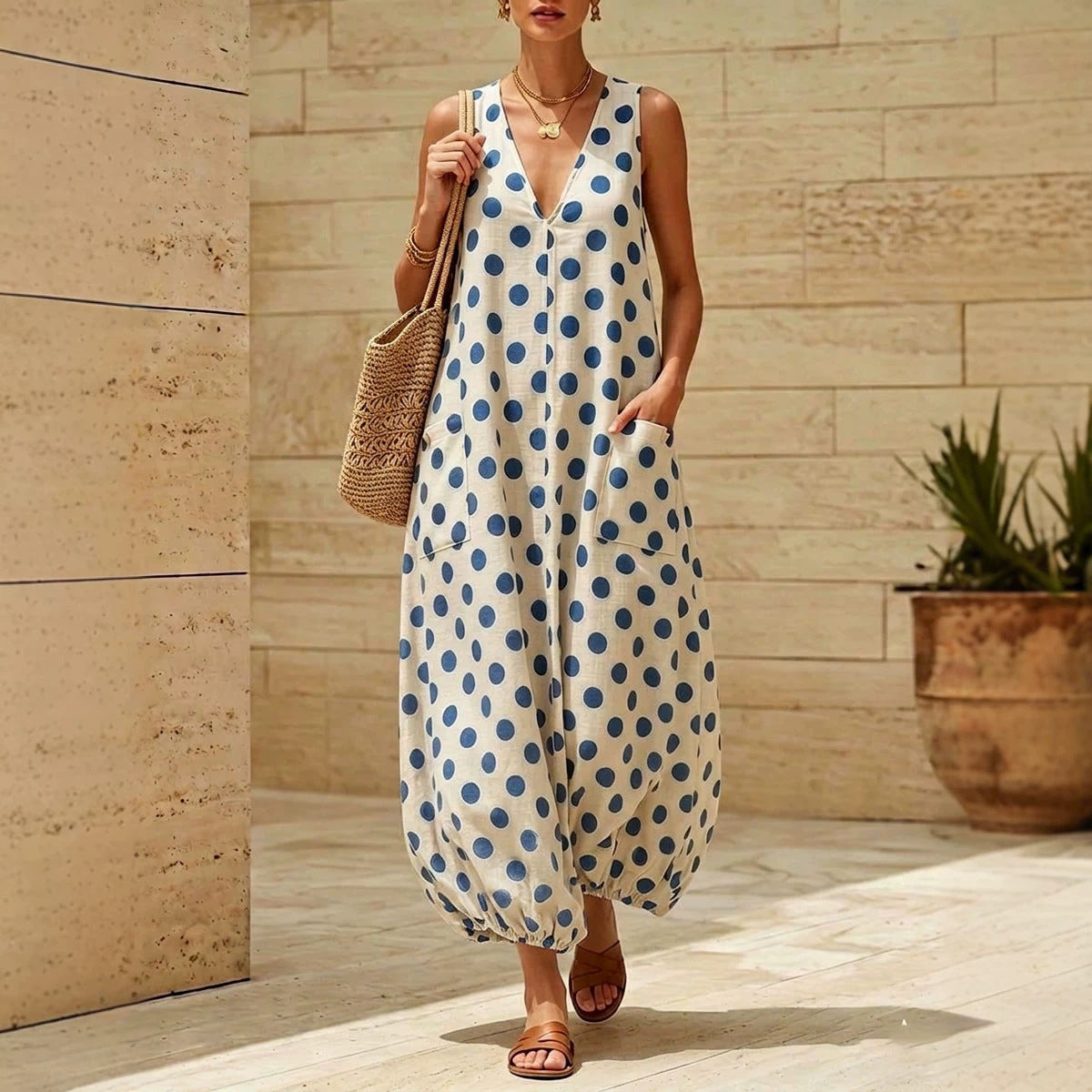 Robe midi sans manches vintage à pois et col en V avec poches latérales