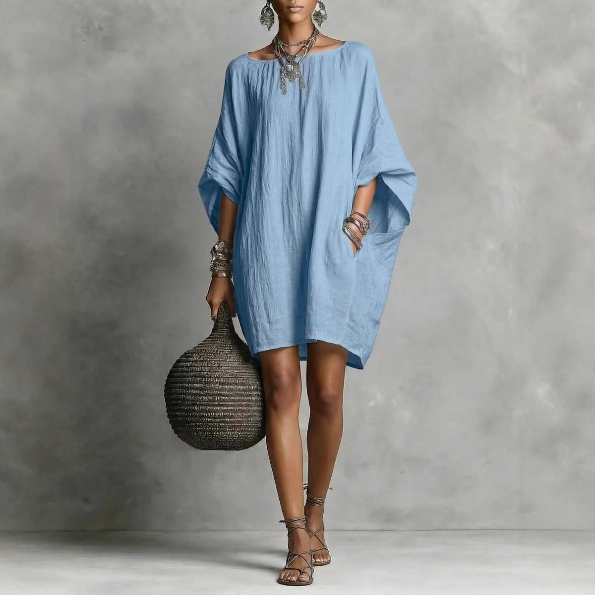 Robe décontractée femme en coton-lin, couleur unie, col rond, manches 3/4, coupe ample