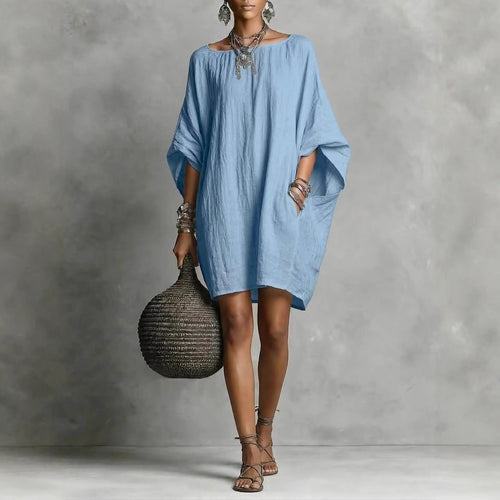 Robe décontractée femme en coton-lin, couleur unie, col rond, manches 3/4, coupe ample