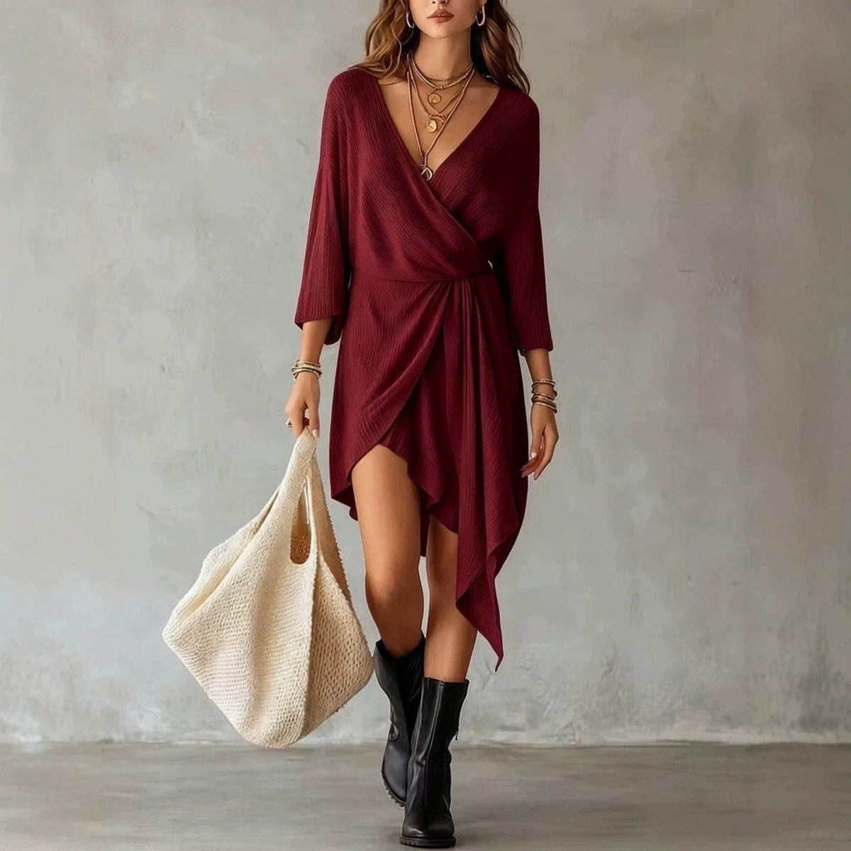 Mini-robe asymétrique en maille côtelée crème avec cache-cœur