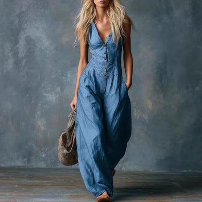 Combinaison sans manches en denim style tribal ethnique, coupe ample et fine, pour femme, printemps