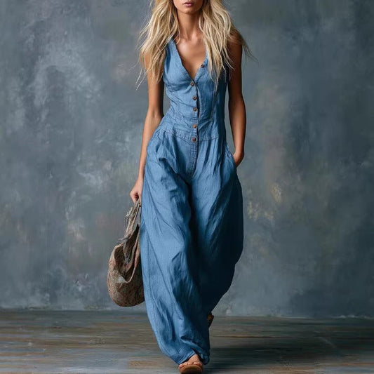 Combinaison sans manches en denim style tribal ethnique, coupe ample et fine, pour femme, printemps