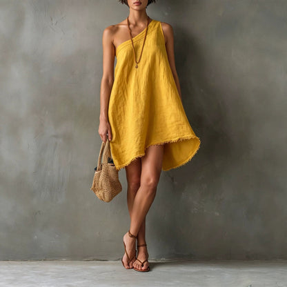Robe Mini Asymétrique en Lin à Une Épaule avec Ourlet Effiloché
