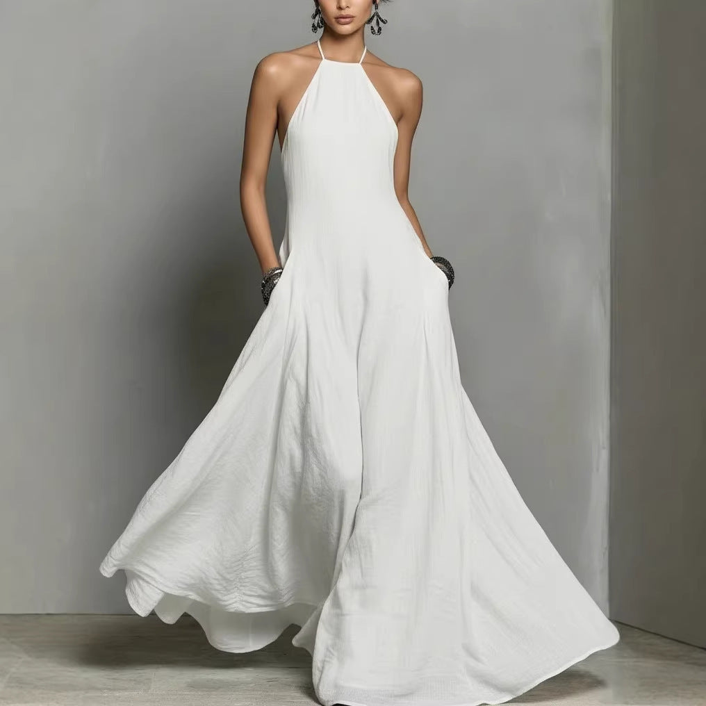 Robe longue simple sans manches à dos nu en mélange de coton et de lin