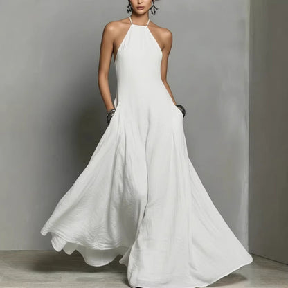 Robe longue simple sans manches à dos nu en mélange de coton et de lin