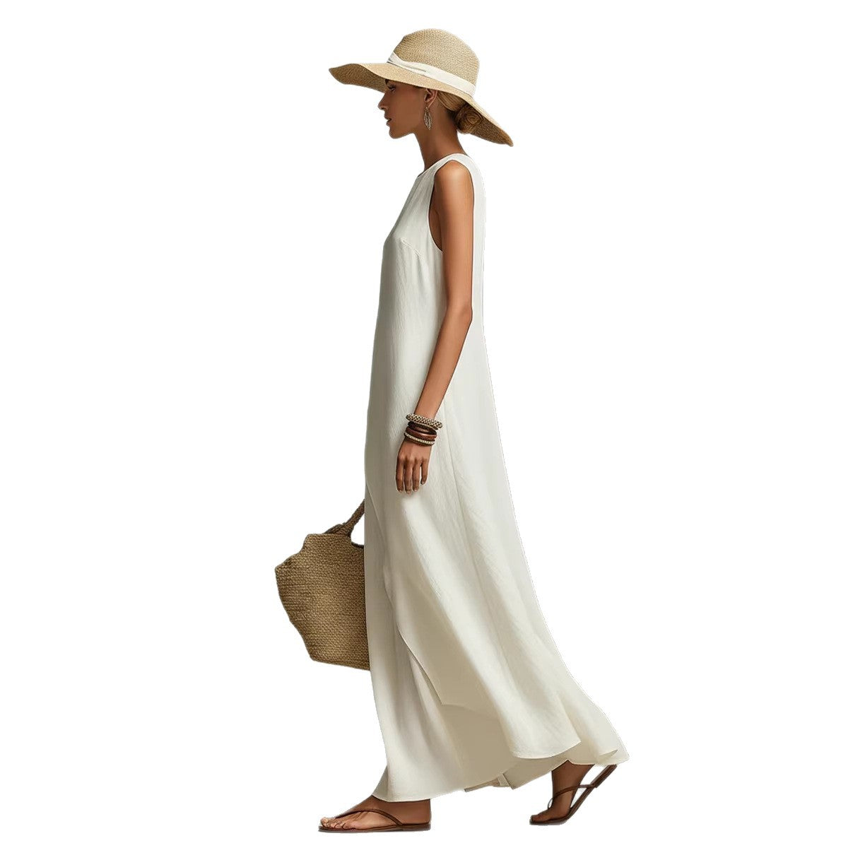 Robe longue asymétrique en lin sans manches