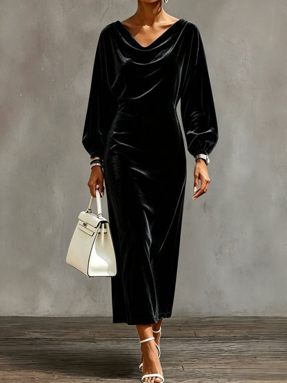 Robe midi en velours à col cache‑cou et manches bouffantes
