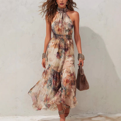 Robe de vacances évasée et volantée sans manches à imprimé aquarelle vintage