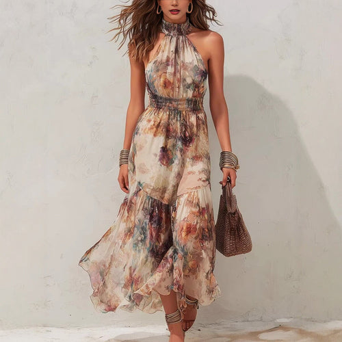 Robe de vacances évasée et volantée sans manches à imprimé aquarelle vintage
