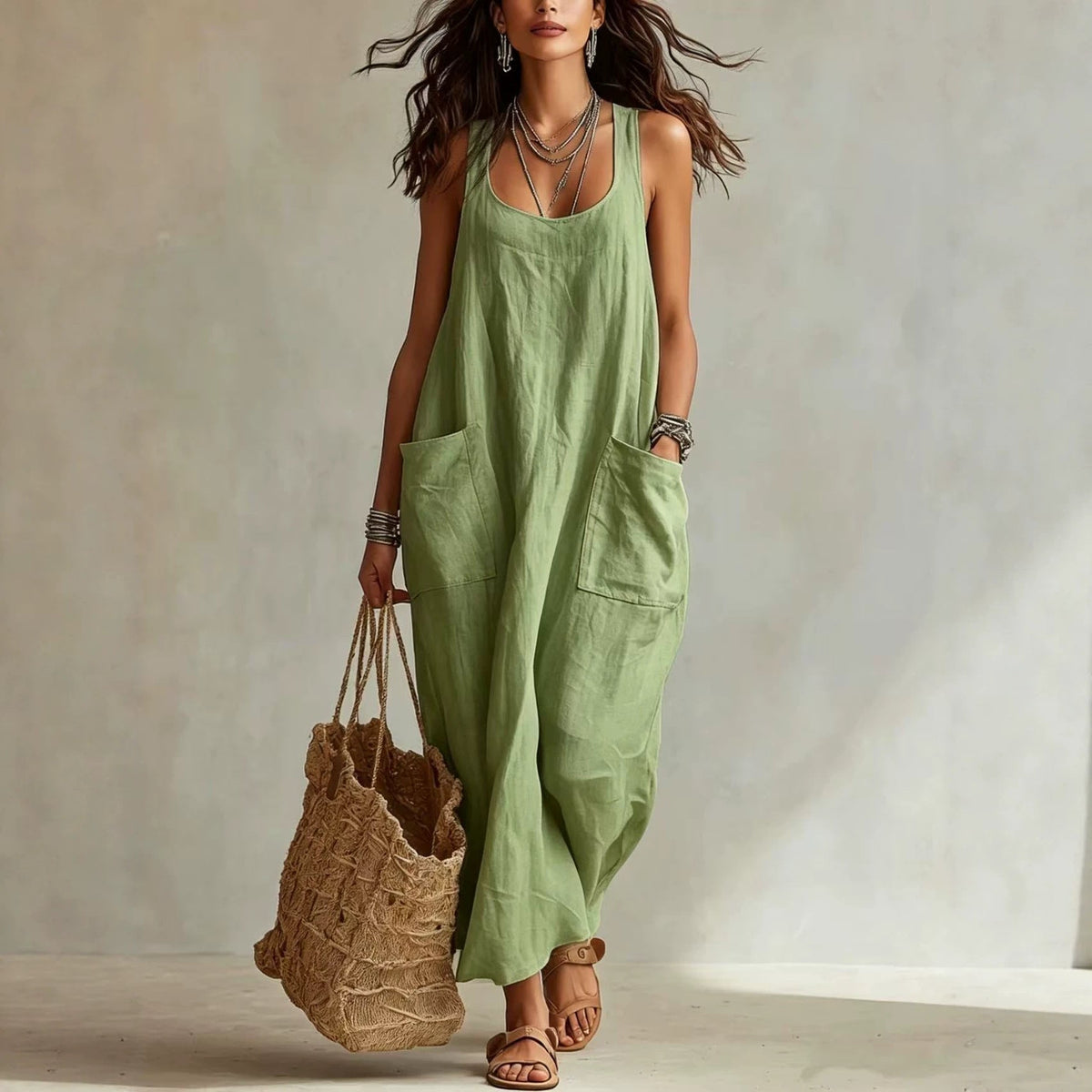 Robe longue maxi décontractée et fluide, sans manches, col en U, avec poches