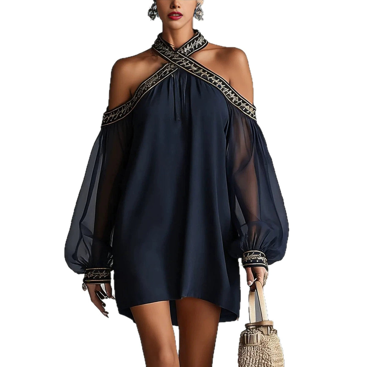 Robe tunique ample à manches longues transparente, avec broderies