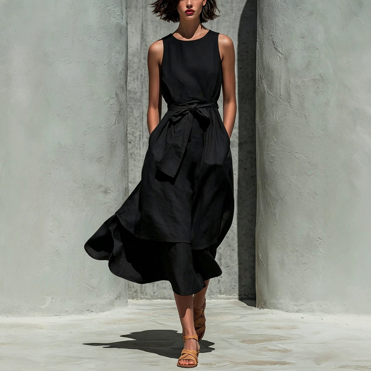 Robe midi en lin superposée sans manches avec lien à la taille
