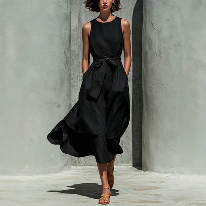 Robe midi en lin superposée sans manches avec lien à la taille