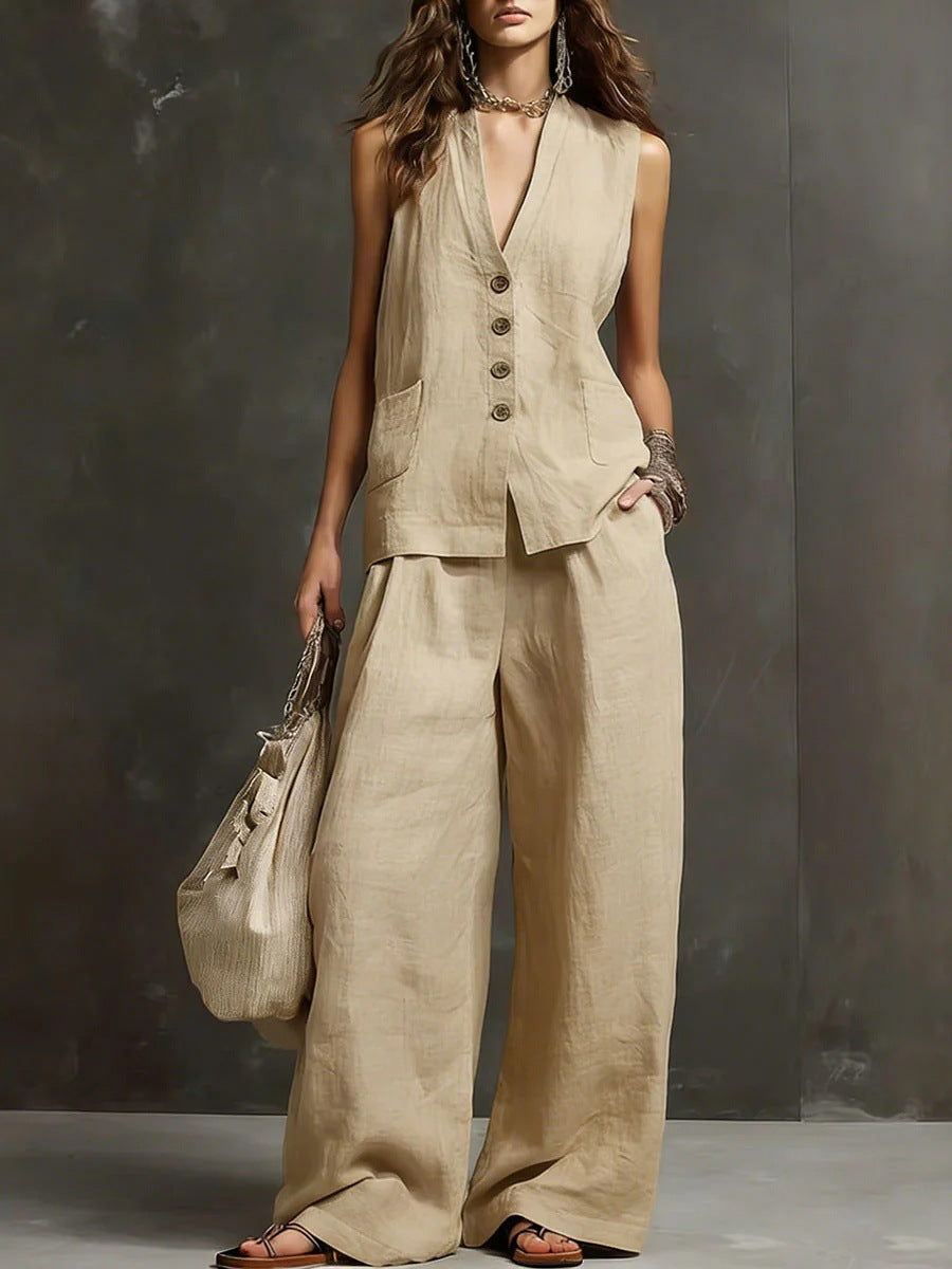 Ensemble gilet sans manches et pantalon large en mélange de lin