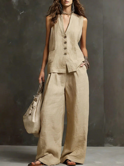 Ensemble gilet sans manches et pantalon large en mélange de lin