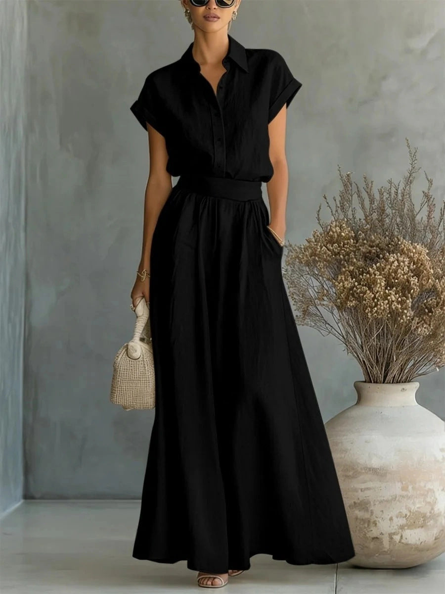 Ensemble deux pièces chemise à col et manches courtes et pantalon large taille haute