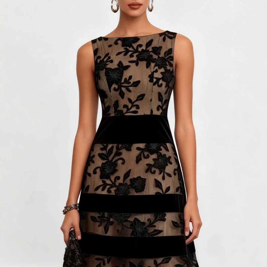 Robe midi sans manches en velours, dentelle florale noire et maille couleur chair