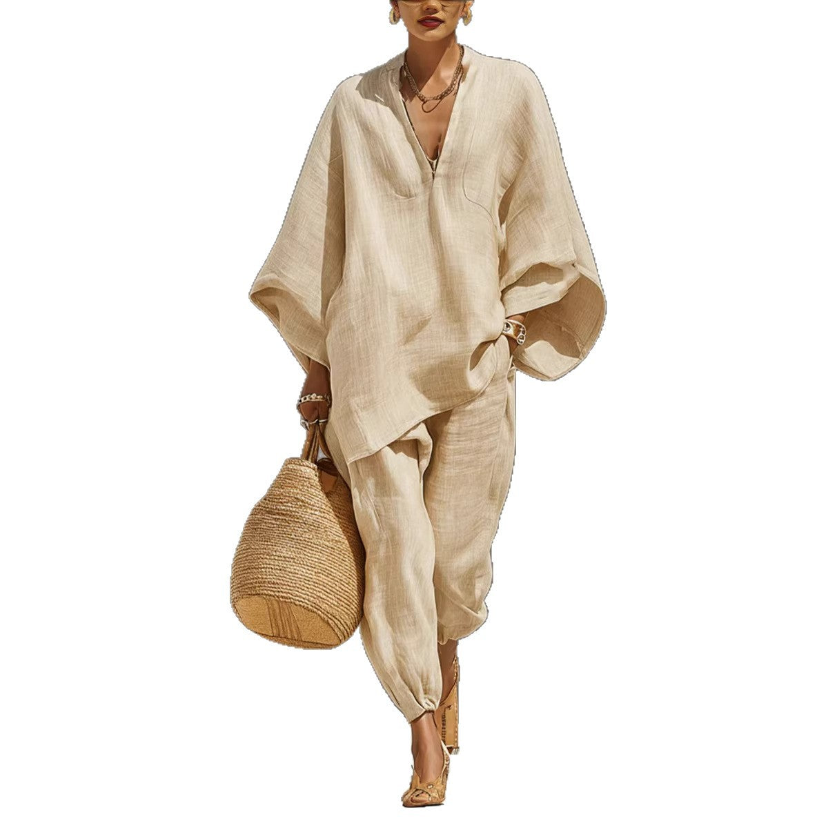 Women's Neutral Linen Set with Asymmetrical Hem & Minimalist Design, Sophisticated Casual-Everyday Style Set