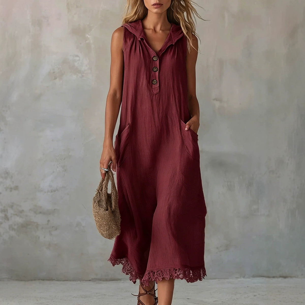Robe midi sans manches en lin avec col, demi-bouton et ourlet en dentelle