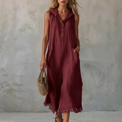 Robe midi sans manches en lin avec col, demi-bouton et ourlet en dentelle